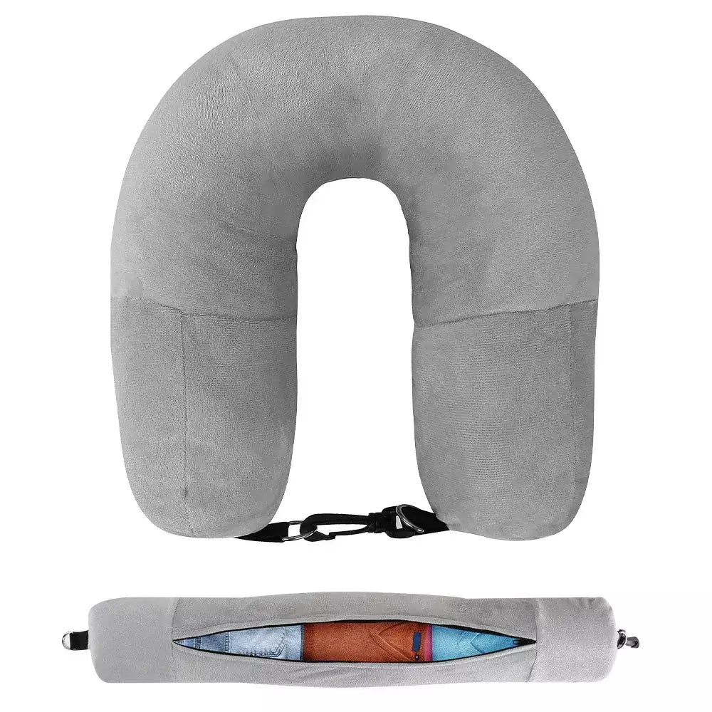 Travesseiro de pescoço para viagem com roupas preenchíveis, fronha em formato de u, capa de veludo, bolsa de armazenamento extra para avião, economia de espaço de viagem