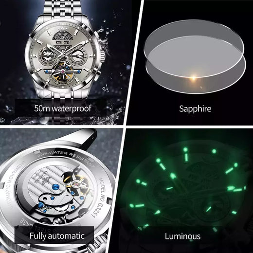 OUPINKE-Relógio mecânico totalmente automático masculino, relógio de pulso luminoso, calendário ano mês safira, marca de luxo superior