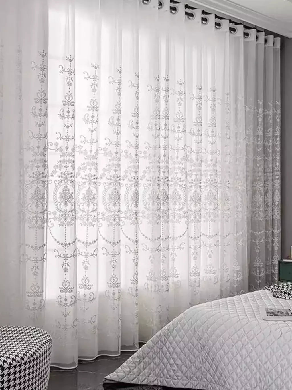 Sheer bordados Floral Cortinas Voile para sala e quarto, cortinas brancas