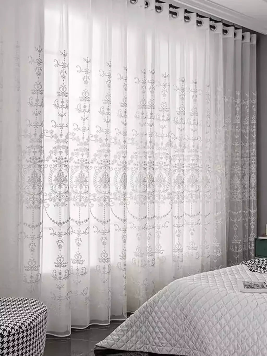 Sheer bordados Floral Cortinas Voile para sala e quarto, cortinas brancas