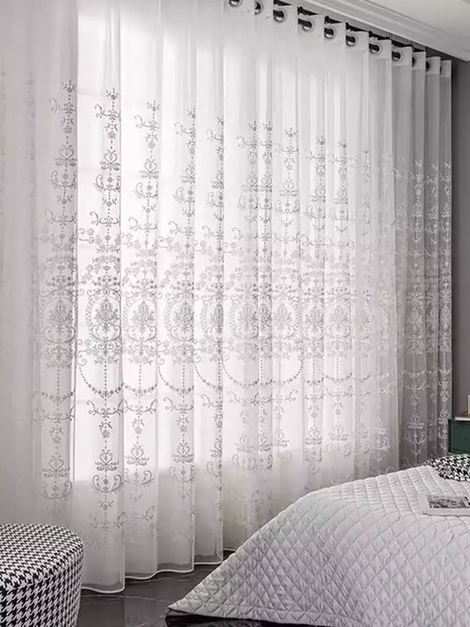 Sheer bordados Floral Cortinas Voile para sala e quarto, cortinas brancas