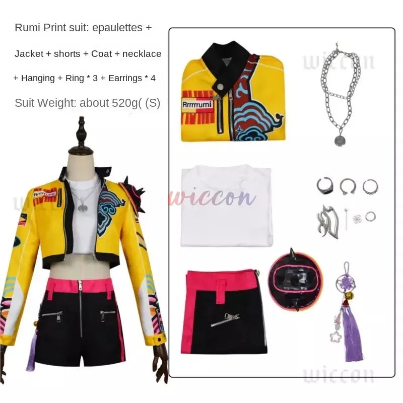 2025demon caçadores huntrix rumi cosplay kpop grupo palco cosplay padrão de impressão uniforme festa de halloween roupa sexy para mulher