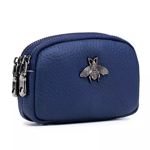 Mulheres couro de vaca com zíper duplo Carteiras Bolsa, Bee Cartão Hole Bag, Batom Case, Couro Mini fone de ouvido Coin Purse, feminino