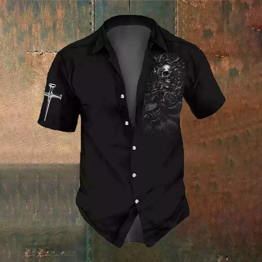 Camisa retrô masculina com estampa caveira rosa, roupa de festa, manga curta, casual, na moda, extragrande, tamanho S-5XL, moda, verão