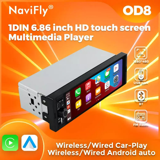 Navifly od8 6.86 "1280*480 1 din mp5 player rádio do carro sem fio carplay android auto multimídia player 1din fm rádio estéreo automático