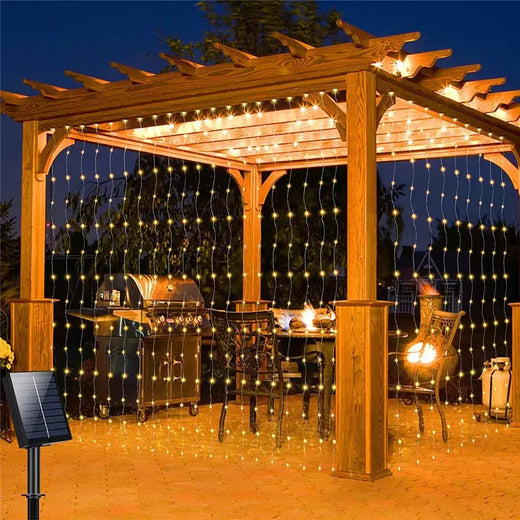 Impermeável Solar LED Curtain Light Decoração de guirlanda ao ar livre, luzes de corda, quintal, Natal, fada, luzes de corda, 300LEDs