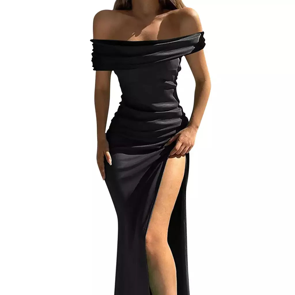 Elegante vestido de noite feminino, Monocromático, Ombro Fora, Sexy, Divisão para o Lado Alto, Luxo, Formal, Sexy, senhoras, Festa, Noite