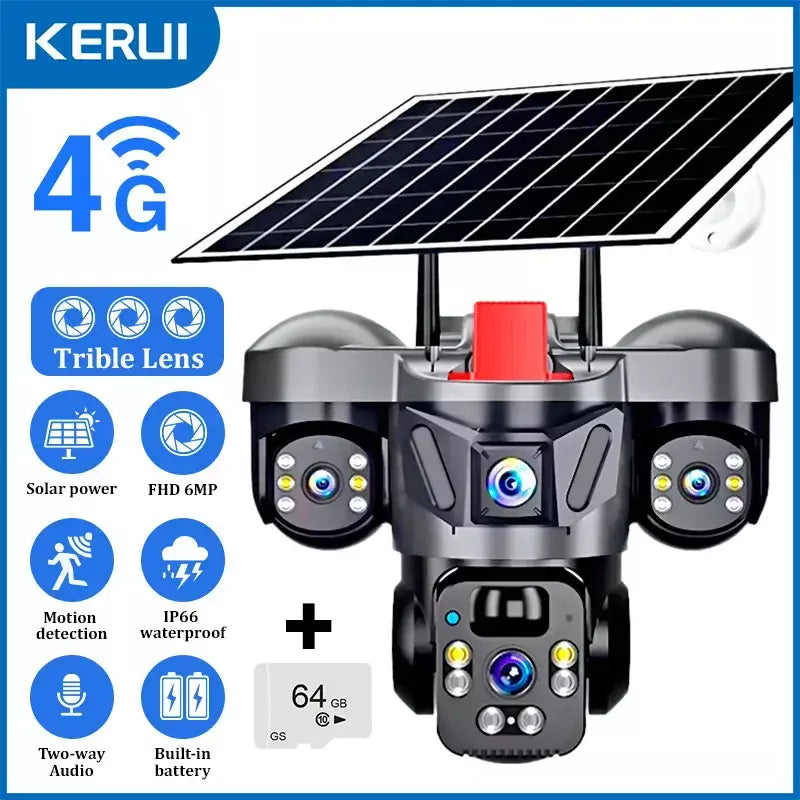 Kerui v380 pro ao ar livre ptz 6mp wifi 4g câmera solar de segurança em casa lente tripla câmera painel solar cctv vigilância vídeo