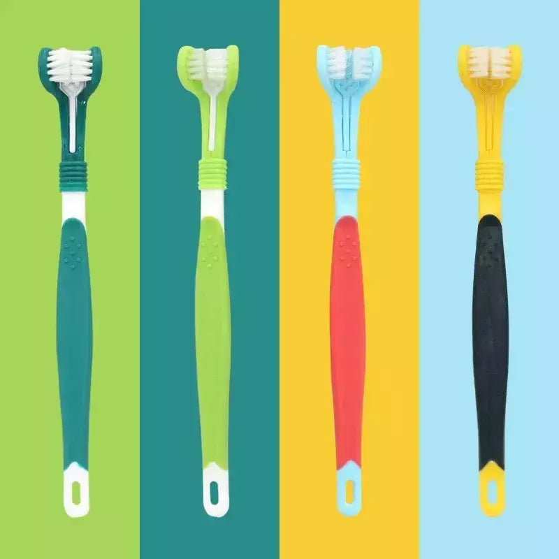 Escova de dentes de plástico para animais de estimação, 3 lados, remoção de tártaro, mau hálito, limpeza de boca, cuidados dentários para animais de estimação, boca de limpeza de gato