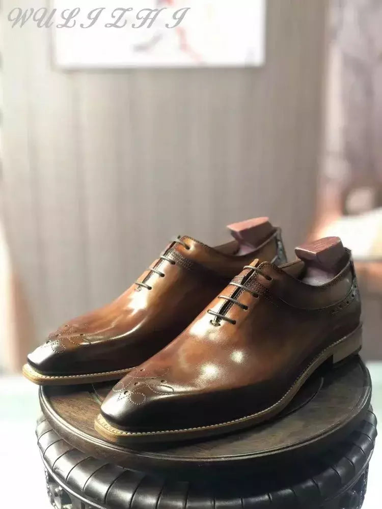 Couro vintage com renda Oxford sapatos para homens, bordado, costura, solas de couro, dedo do pé quadrado, confortável, artesanal