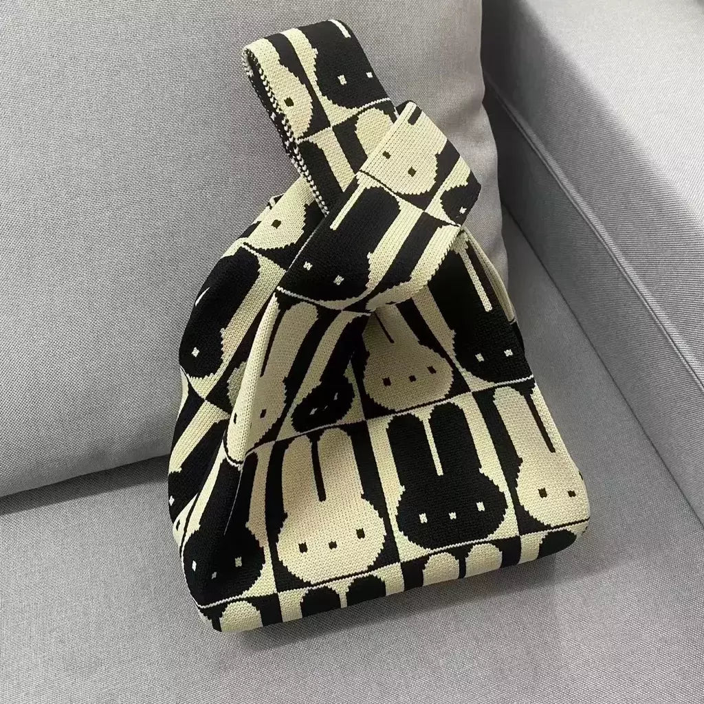 Saco de malha de nó animal para mulheres, gato coelho bonito sacola simples, bolsas de compras reutilizáveis para senhoras, moda