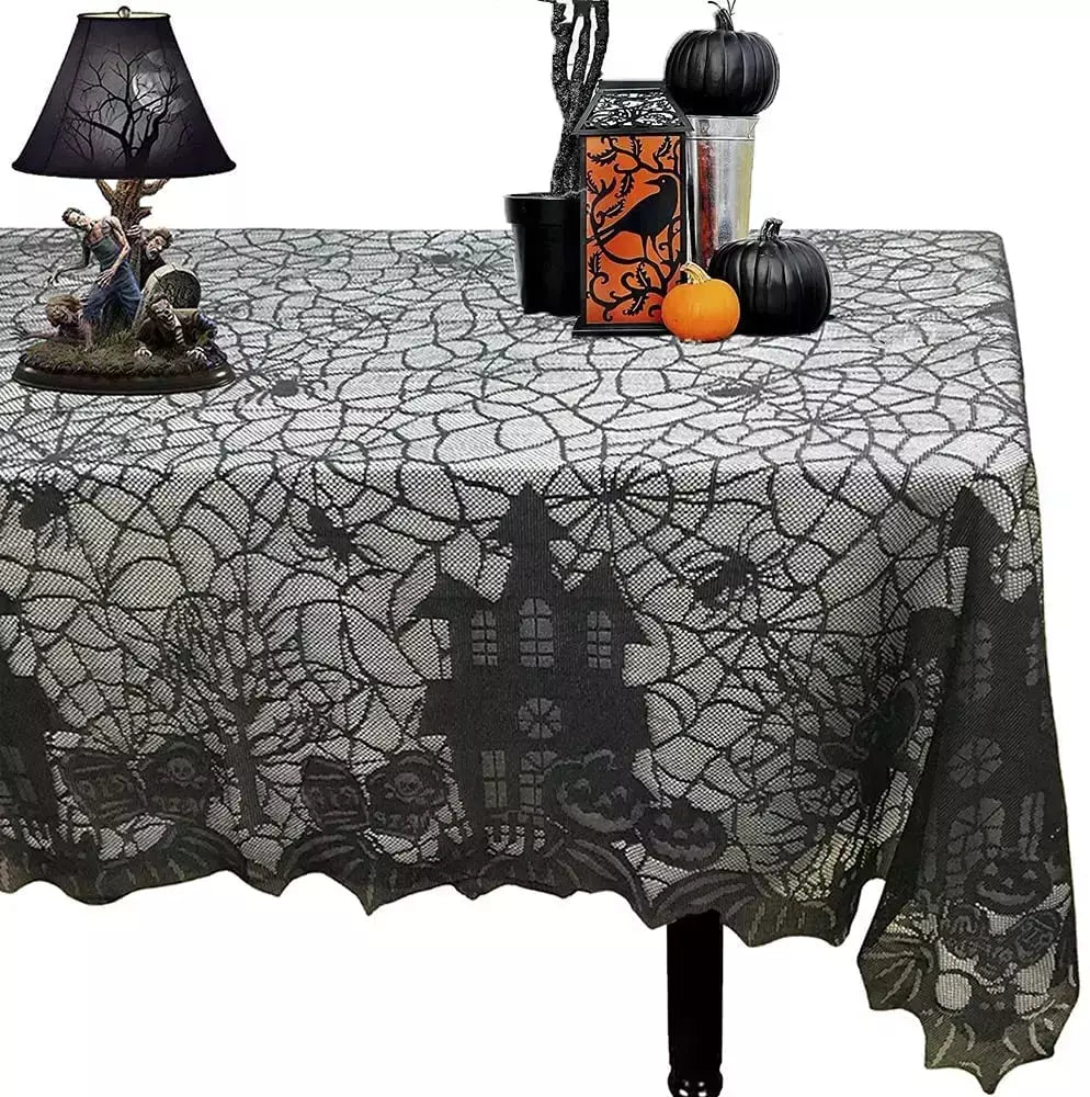 Halloween Lace Toalha De Mesa, Spider Web Skull Pattern, Forma Retangular, Decoração da Festa, Casa assombrada, Pumpkin Design, 1 Pc