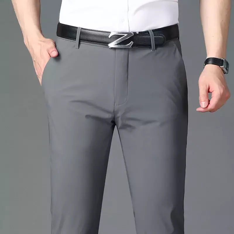 Calça fina de seda láctea elástica de quatro lados masculina, casual para escritório, nova, verão