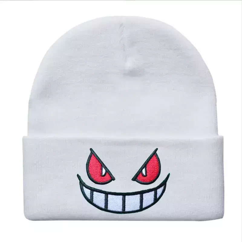 Boca olhos bordados elasticidade desenhos animados gorro inverno manter quente moda outono friso mulher masculino chapéu de malha crânio boné