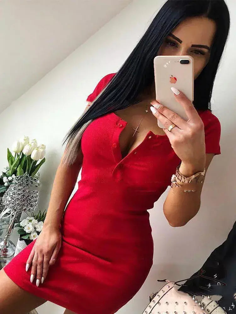 Vestido de verão 2020 outono feminino sexy casual malha bainha mini vestidos senhoras sólido decote em v botão no peito manga curta bodycon vestido