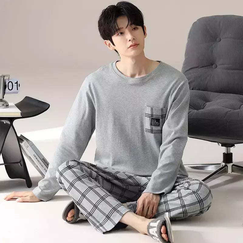 Pijama masculino com gola em o listrado, pijamas de algodão penteado, lounges plus size, outono e inverno, maduro na moda, novo, L a 6XL, 2020