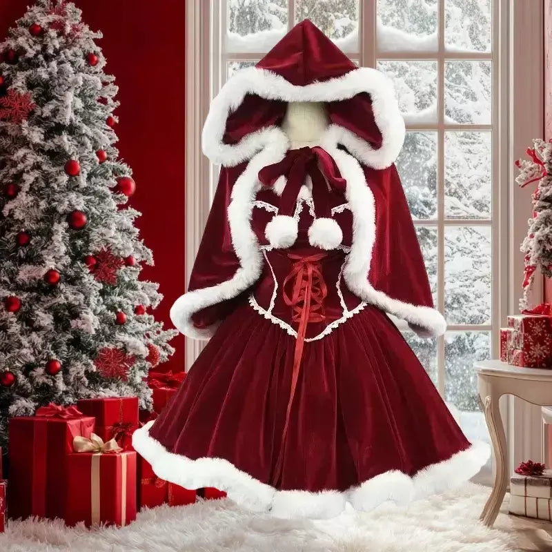 Ano novo vestido vermelho manto cosplay plus size roupas de natal capa feminina role play outfit conjunto completo quente traje de férias meninas