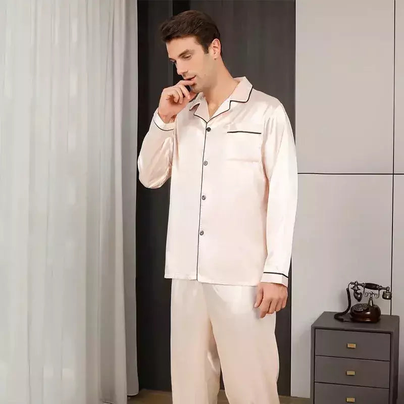 Conjunto de pijama com cardigã de manga comprida masculino, monocromático, lapela, casual, roupa de casa simples, pijamas, plus size, juventude, outono, inverno, 2 peças, conjunto