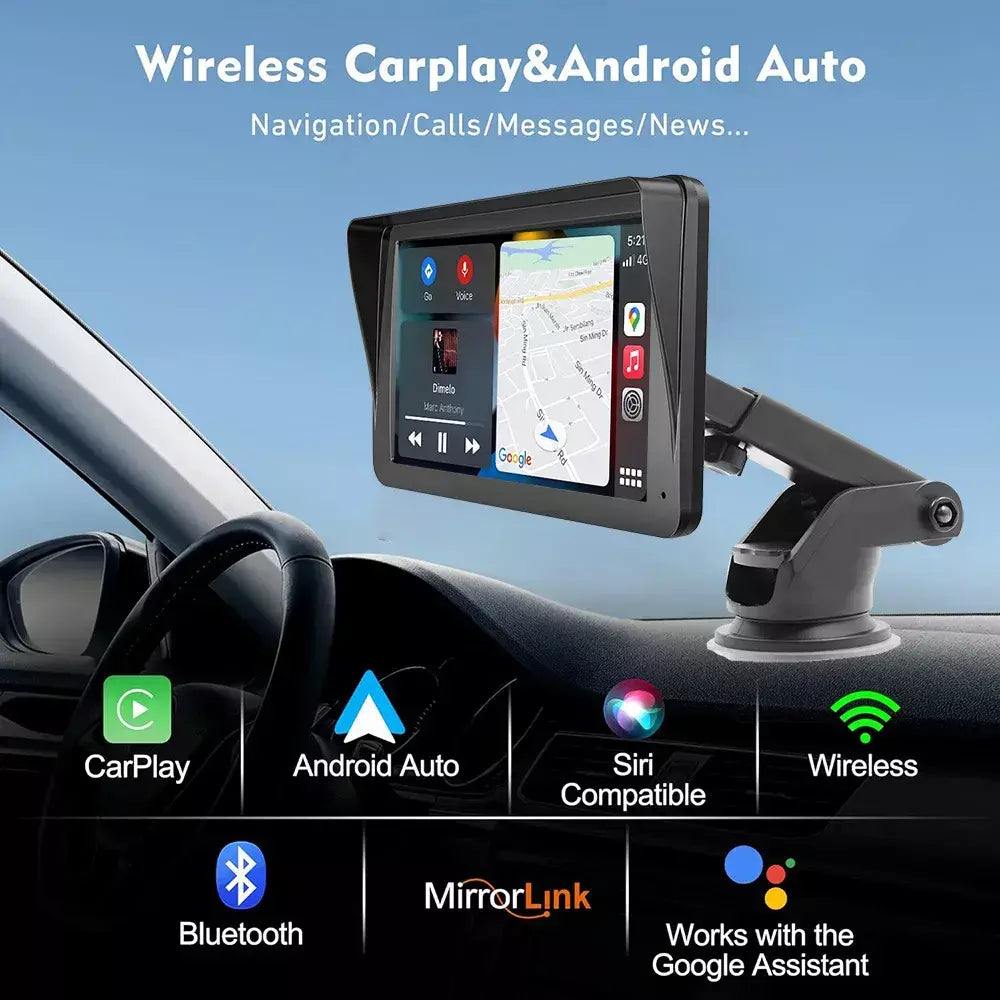 Reprodutor de vídeo multimídia universal de 7 polegadas Navegação GPS Carplay sem fio Apple Android Auto BT | Compatível com iOS e Android