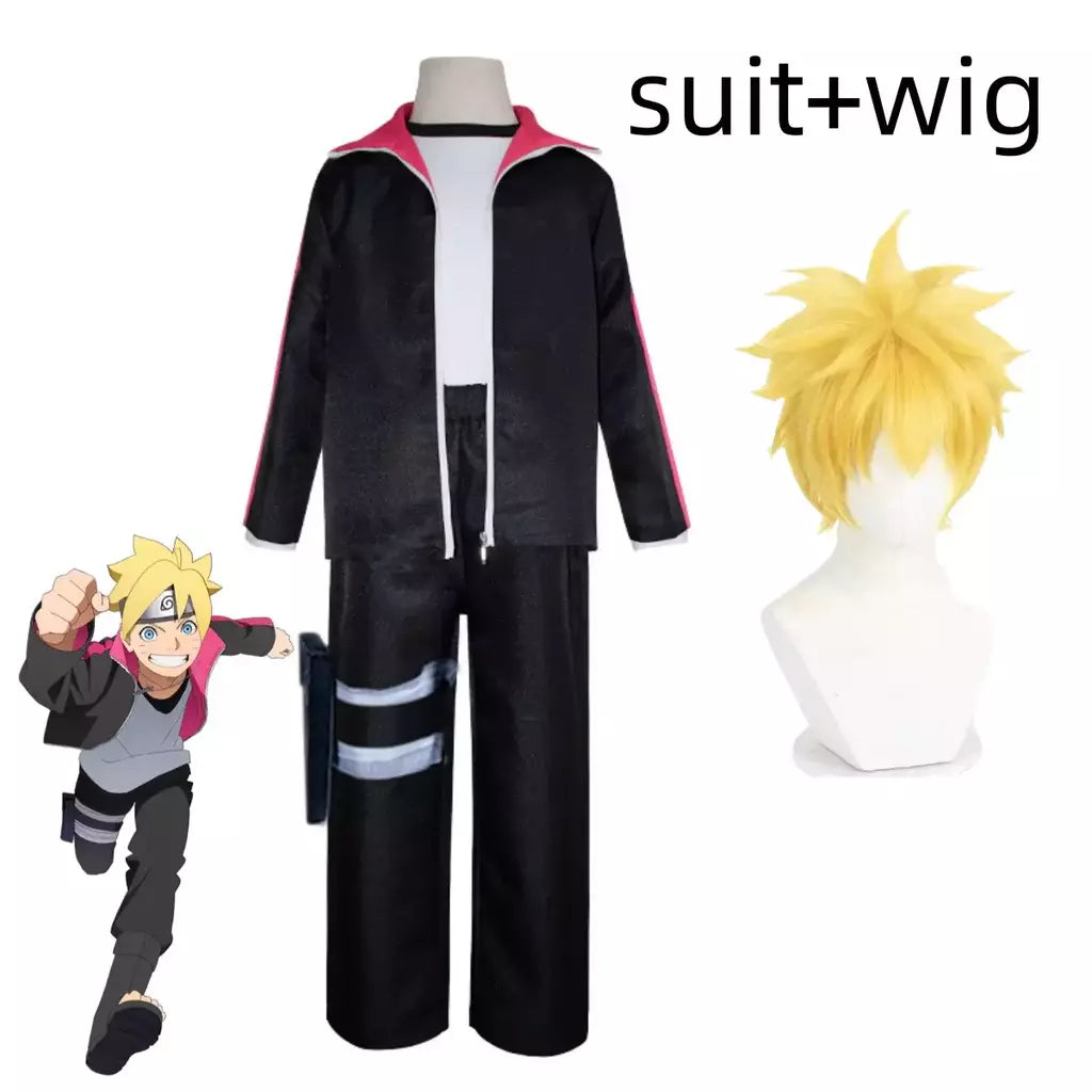 Anime uzumaki boruto cosplay traje ninja preto mangas compridas casaco calças peruca adulto crianças homem mulher halloween carnaval terno