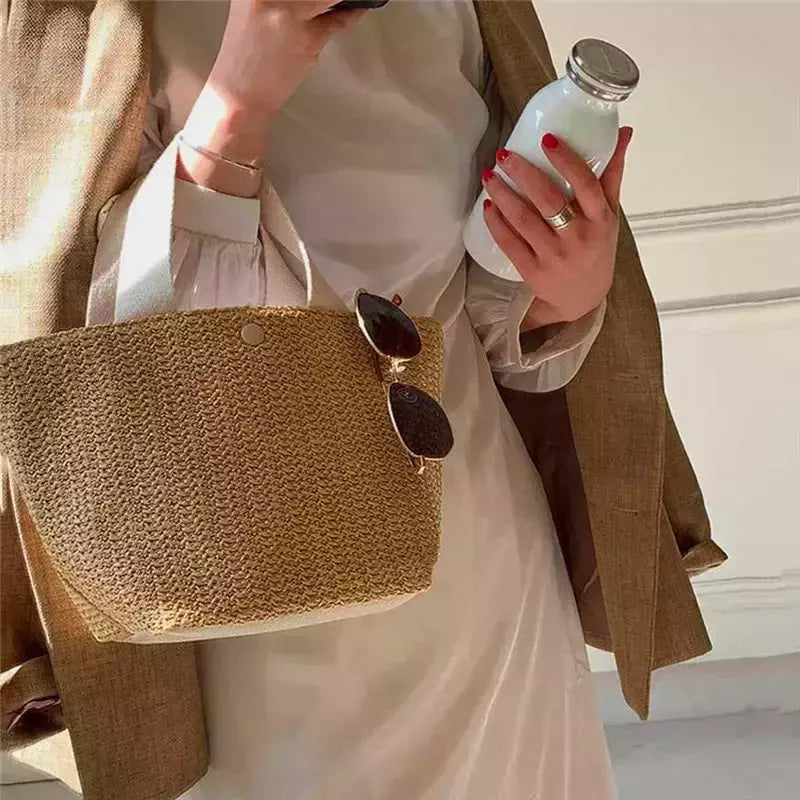 Fsafashion-bolsa de tecido palha para mulheres, bolsa casual para férias, bolsas com alça superior, bolsas de ombro retrô artesanais, moda feminina, 2024
