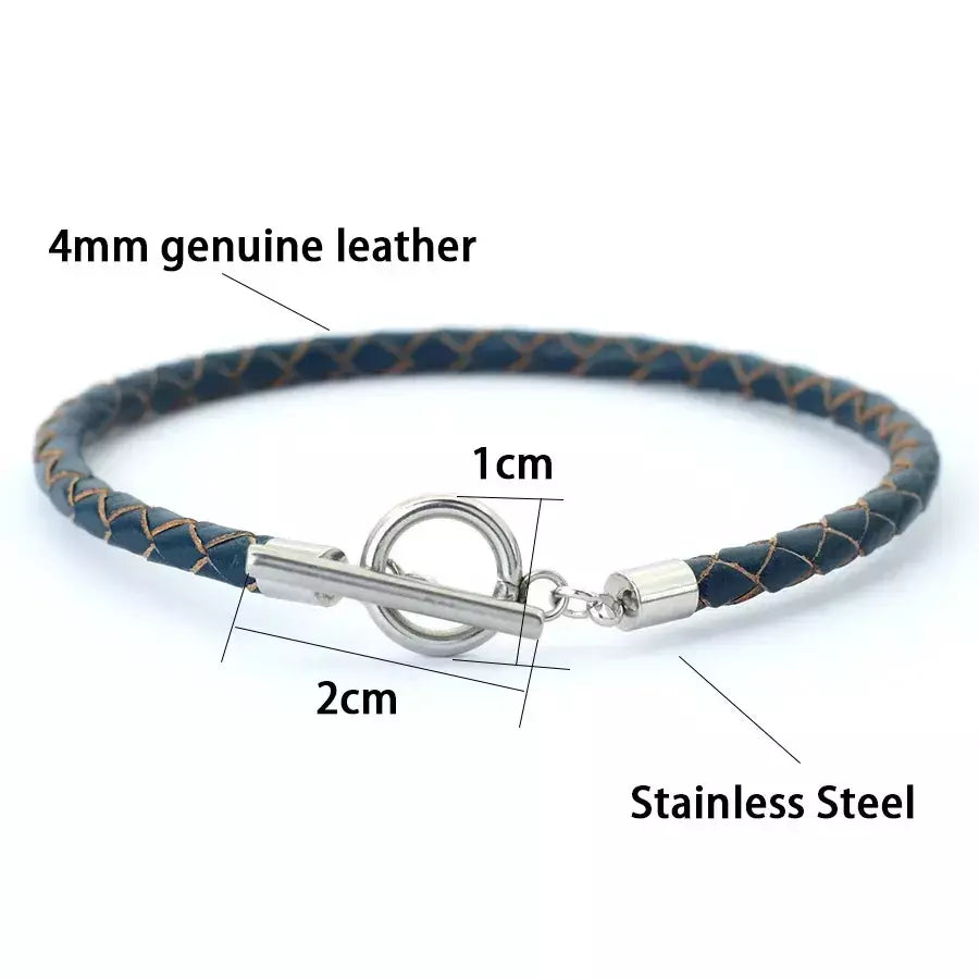 Estilo simples artesanal pulseira de couro genuíno masculino aço inoxidável ot fivela 4mm fino pulseira pulsera de cuero pulseria hombre