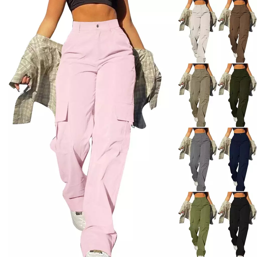 Calça de perna larga feminina, bolso com aba de rua, detalhes da fivela lateral, calças paraquedas hip hop, moda Y2K