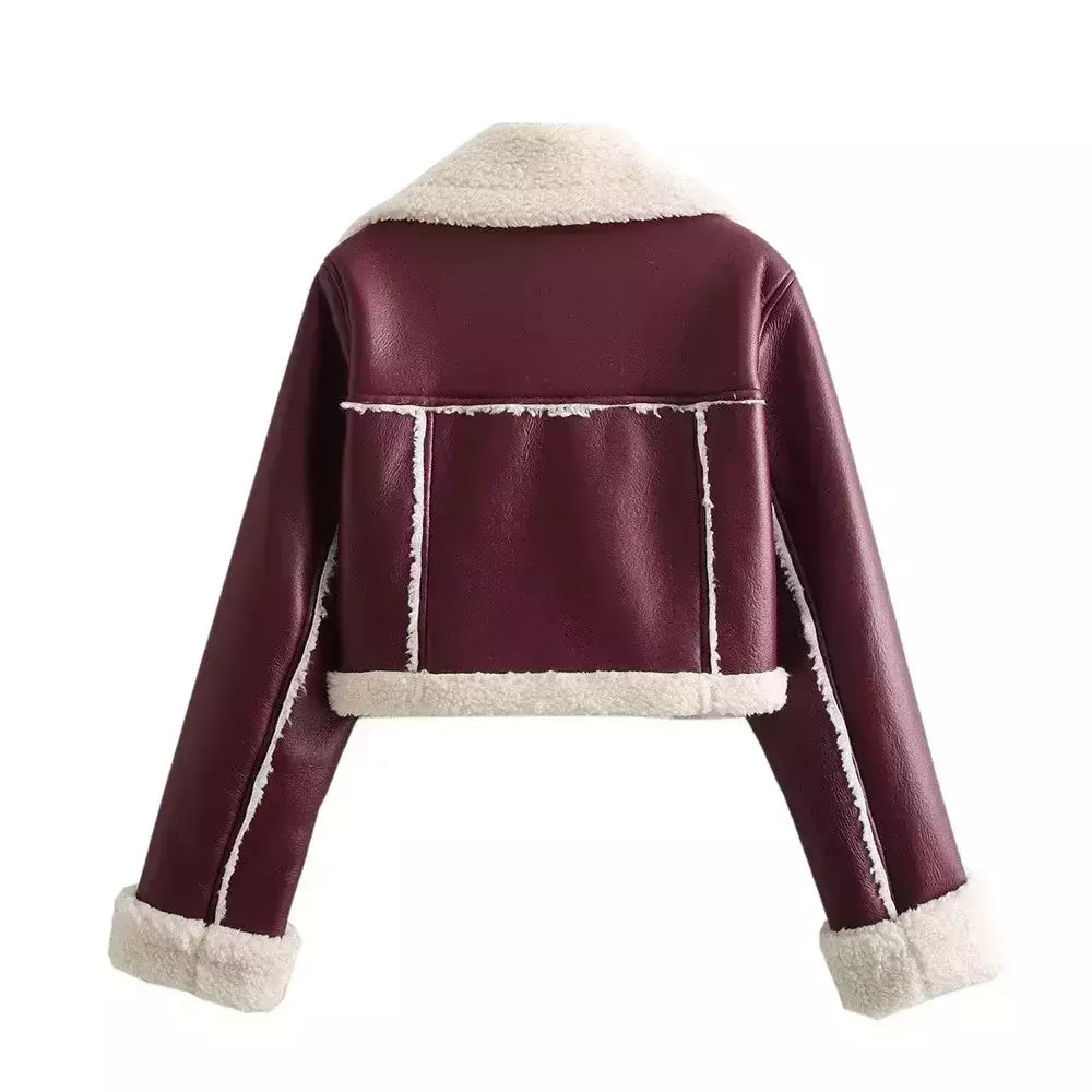 Jaqueta vintage de zíper frontal feminina, gola lapela, mangas compridas, roupas chiques femininas, monocromáticas, moda senhora