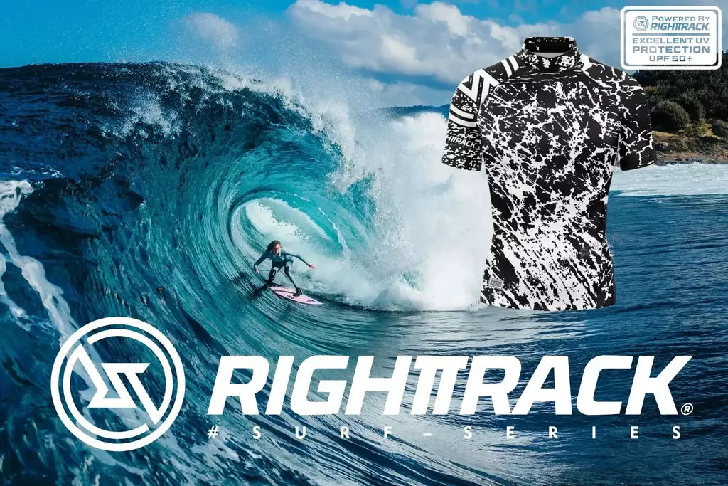 Rashguard dos homens novos Manga Curta Surf Camisas Protetor Solar Lycra Tecido Surf Camisola Proteção UV RightTrack Swimwear