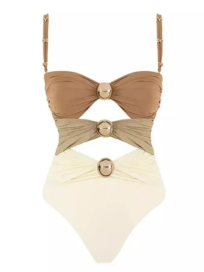 Biquíni feminino com cabeçada oca, peça única retrô elegante, cor fresca, gradiente sólido com saia elástica, moda banho, 2024