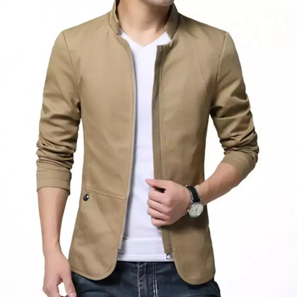 Blazer casual masculino com gola de suporte, jaqueta de negócios elegante, casaco monocromático com bolsos de zíper fino e fino, primavera e outono