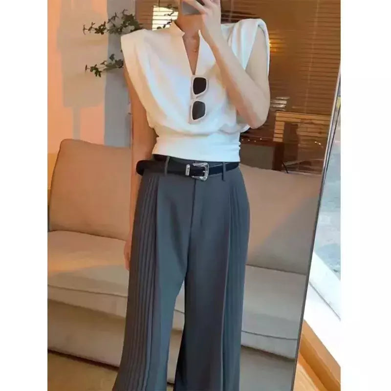 MEXZT-Blusas elegantes sem mangas com decote em v para mulheres, senhora do escritório, casual preto coreano, todos os jogos chiques, verão, branco, novo