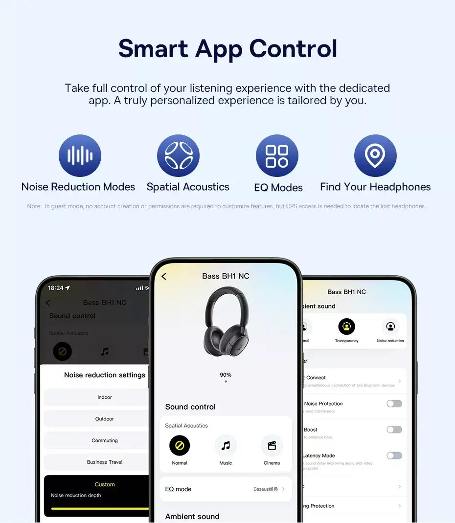 Baseus bowie h1s fones de ouvido sem fio bluetooth 5.4 cancelamento de ruído 46db sobre a orelha fone de ouvido de áudio espacial de alta resolução 120h tempo