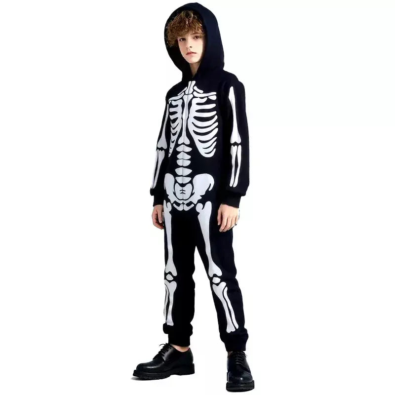 Halloween meninos trajes esqueleto horror preto luminoso fantasma apertado com capuz macacão palco papel traje desempenho terno