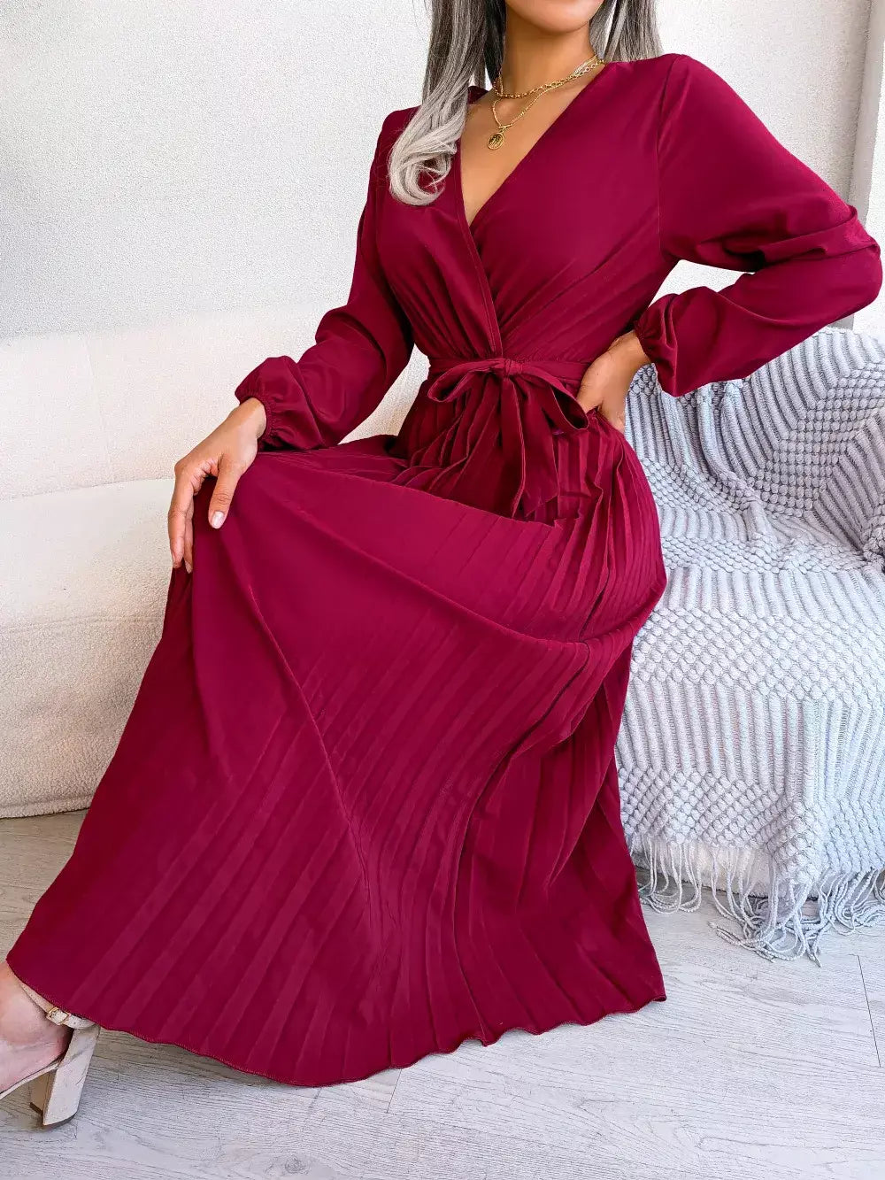 Elegante V Neck manga comprida das mulheres plissado vestido Maxi