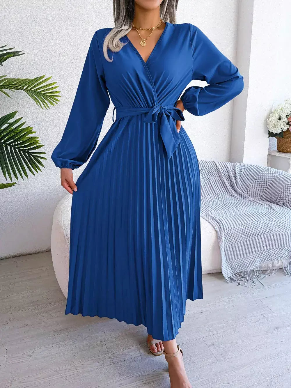 Elegante V Neck manga comprida das mulheres plissado vestido Maxi