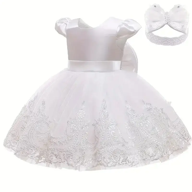 Vestido floral de tule para meninas de 0.2 anos, festa de primeiro aniversário, batismo, vestidos brancos, princesa, casamento, dama de honra, baile