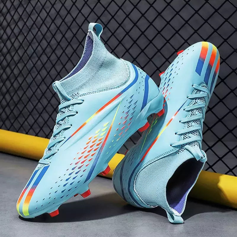 Botas masculinas de futebol longas, sapatos de futebol ao ar livre, grampos internos, futsal confortável, confortável antiderrapante, FG, TF, fósforo para meninos