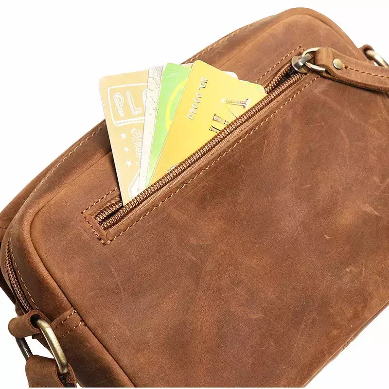 Bolsa de ombro retrô de couro genuíno masculina, grande capacidade, bolsa transversal diagonal, bolsa pequena para iPad, cavalo louco