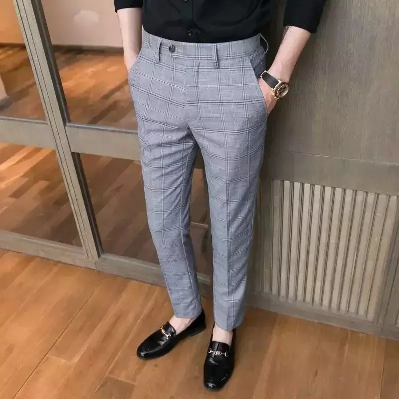 Xadrez masculino anti-rugas calças cortadas, roupas de grife casual, terno masculino reto, verão, fino, barato, designer, cheque, 9