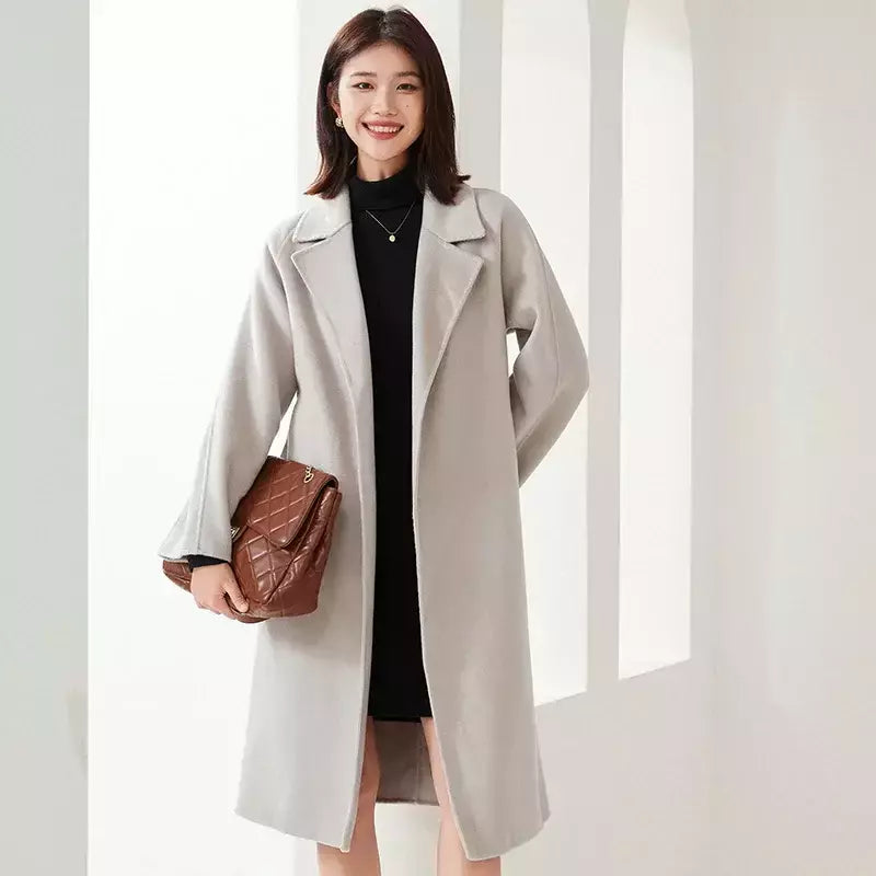 Casaco de lã dupla face feminino com cinto, fivela, 10% casaco de caxemira, cintura amarrada, top longo, moda outono e inverno, 90% lã, novo