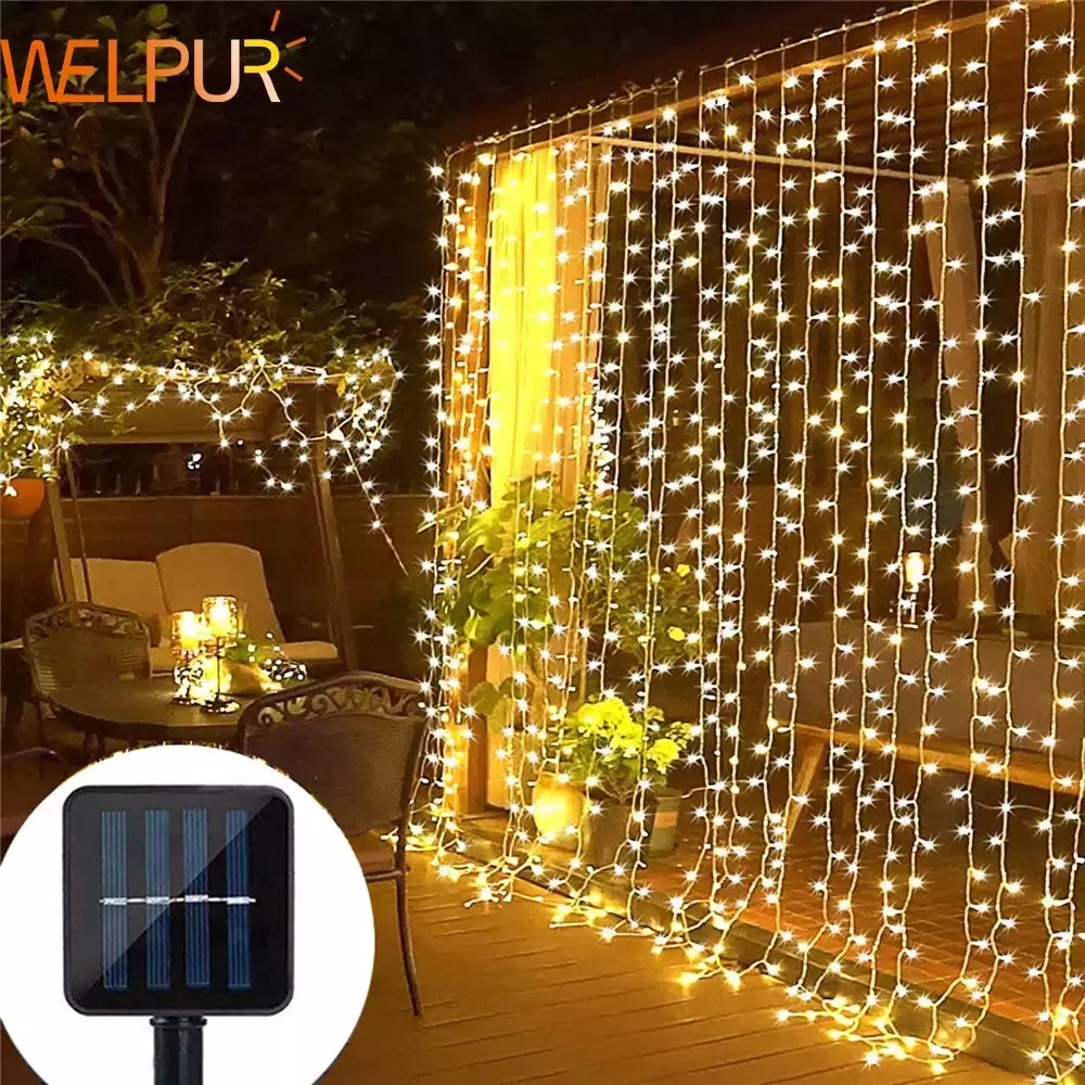 Impermeável Solar LED Curtain Light Decoração de guirlanda ao ar livre, luzes de corda, quintal, Natal, fada, luzes de corda, 300LEDs