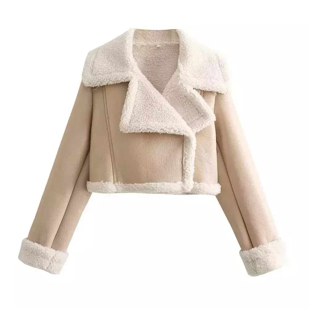 Jaqueta vintage de zíper frontal feminina, gola lapela, mangas compridas, roupas chiques femininas, monocromáticas, moda senhora