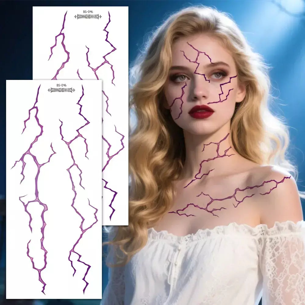 Adesivos de tatuagem falsos grandes, 2 peças, design detalhado de veias relâmpago preto e vermelho para festa de halloween, suprimentos de arte facial e corporal
