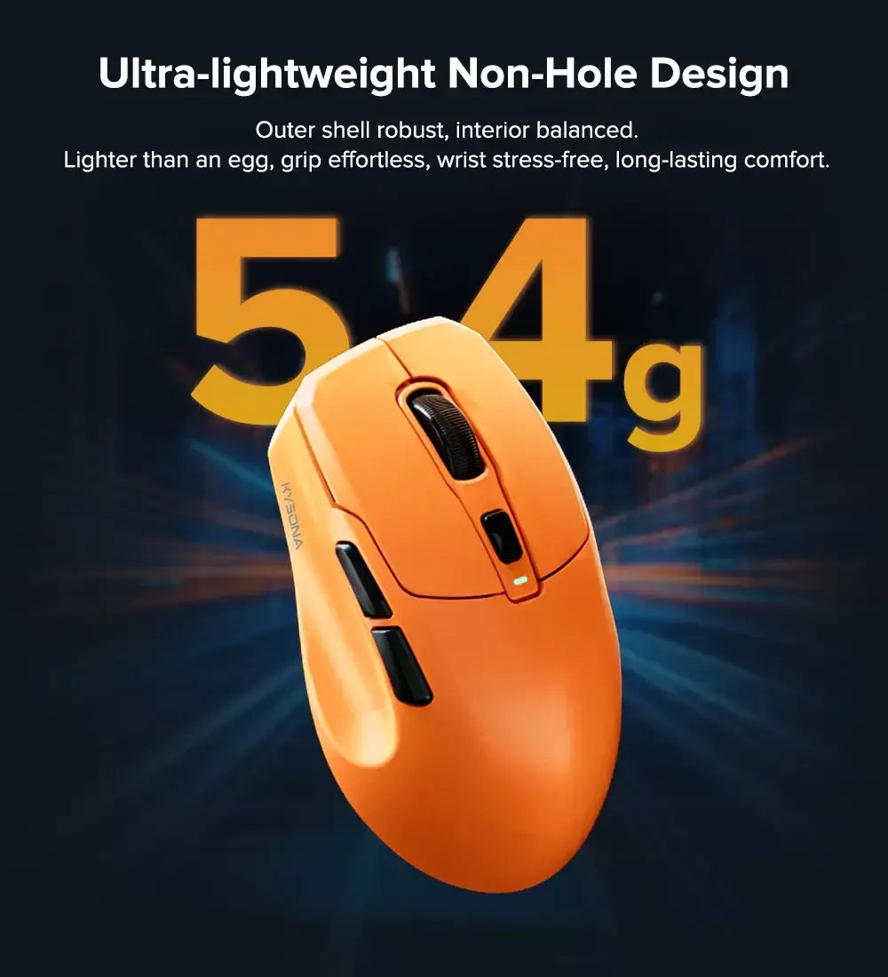 Kysona uranus pro mouse para jogos sem fio mouse ergonômico paw3395 54g 8khz taxa de pesquisa 26000dpi para mão direita grande pc gamer