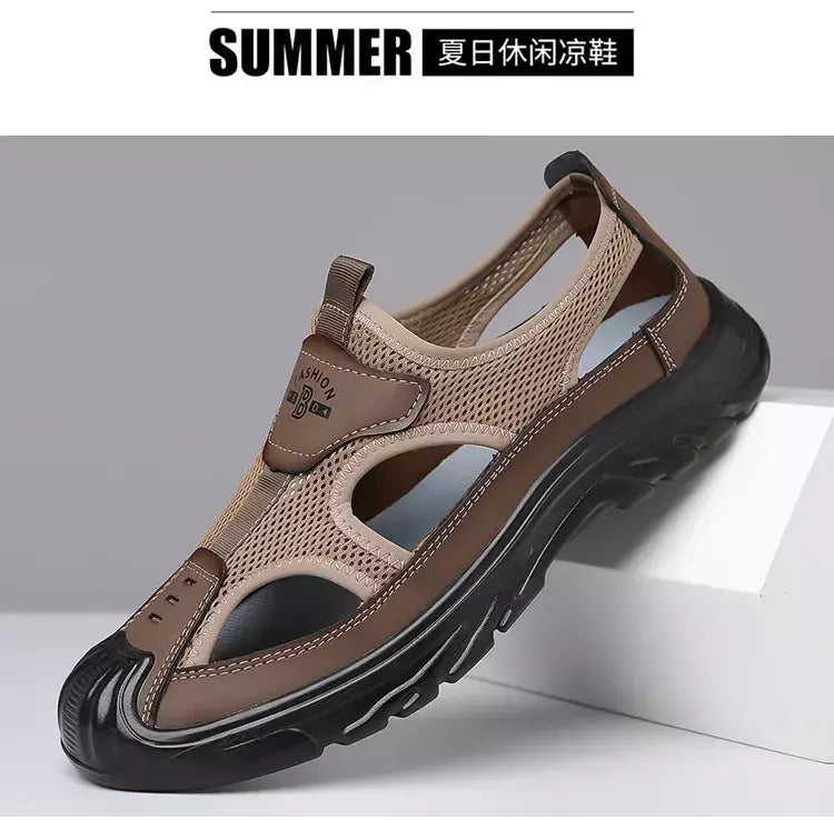 Sandálias de malha respirável para homens, sandálias de praia antiderrapantes, sapatos ocos ao ar livre, calçados flats, verão, novo