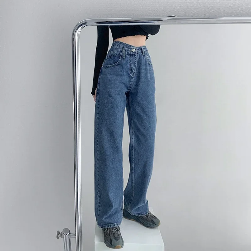 Jeans vintage drapejado de cintura alta feminino, calças de perna reta, jeans drapejado solto