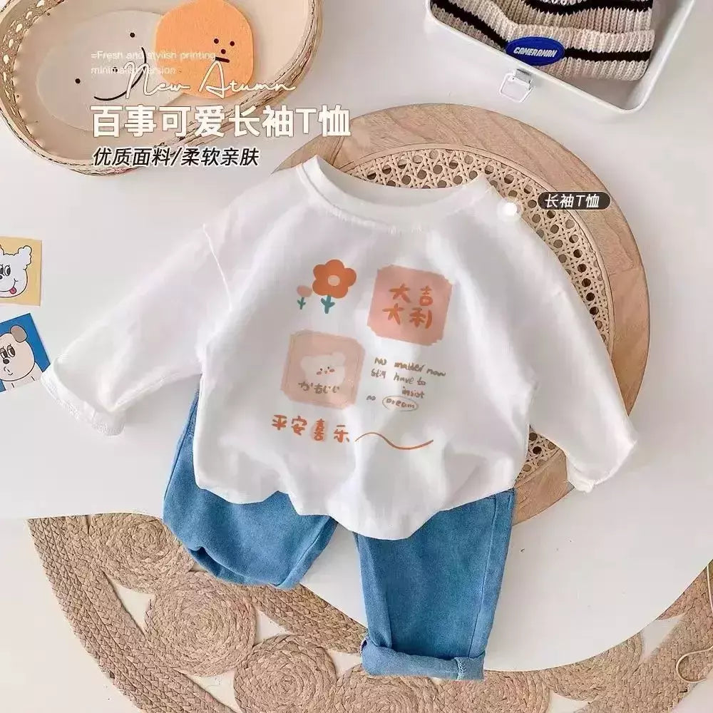 Camiseta infantil de manga comprida, algodão puro, camisa base, desenho animado estampado, primavera e outono, bebê, meninos e meninas