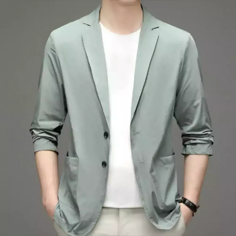 Blazers de negócios monocromáticos masculinos, blazers slim fit, botões duplos, lapela, mangas 3/4, terno de deslocamento, casaco do noivo