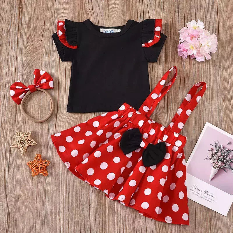 Cartoon Polka Dot Vestido de noite com arco para bebê, roupas para crianças, festa de aniversário, Princess Toddler, crianças, 0 a 3 anos, 2 peças por conjunto